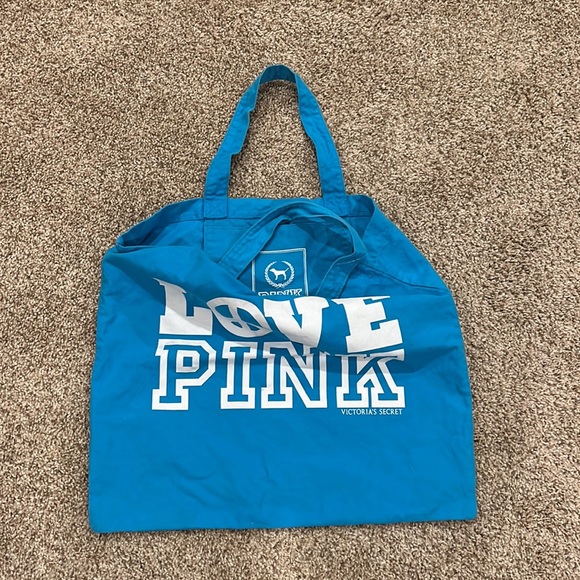 PINK Victoria Secret LOVE PINK Canvas Tote Beach Style Blue Shoulder Bag - Picture 11 of 13